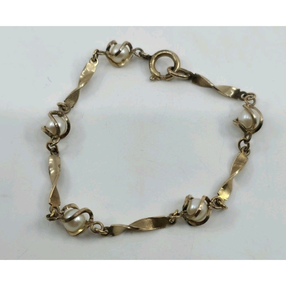Vintage Van Dell 1/20 12K GF‎ Gold Filled Twisted Link Caged Pearl Bracelet